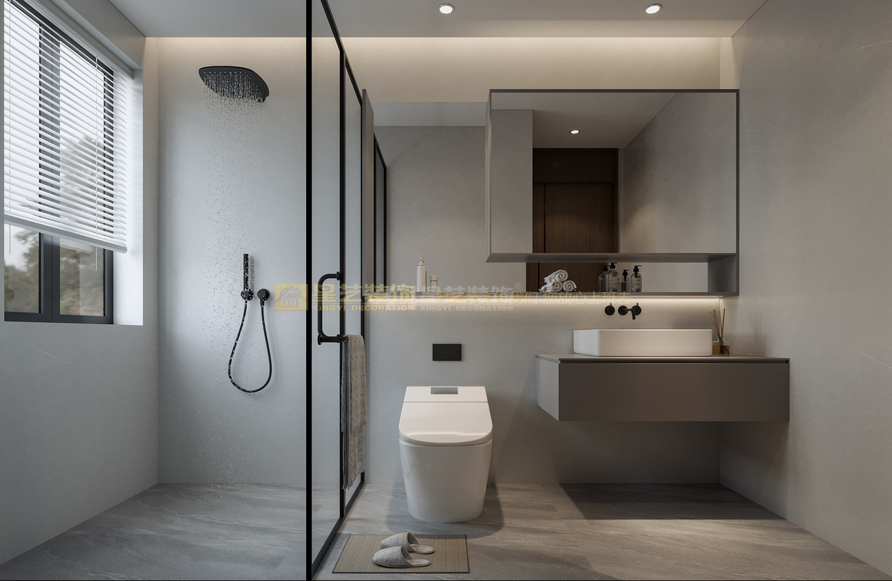 卫浴空间是简单的黑白灰设计，以玻璃隔板进行干湿分离，整体空间更加和谐。