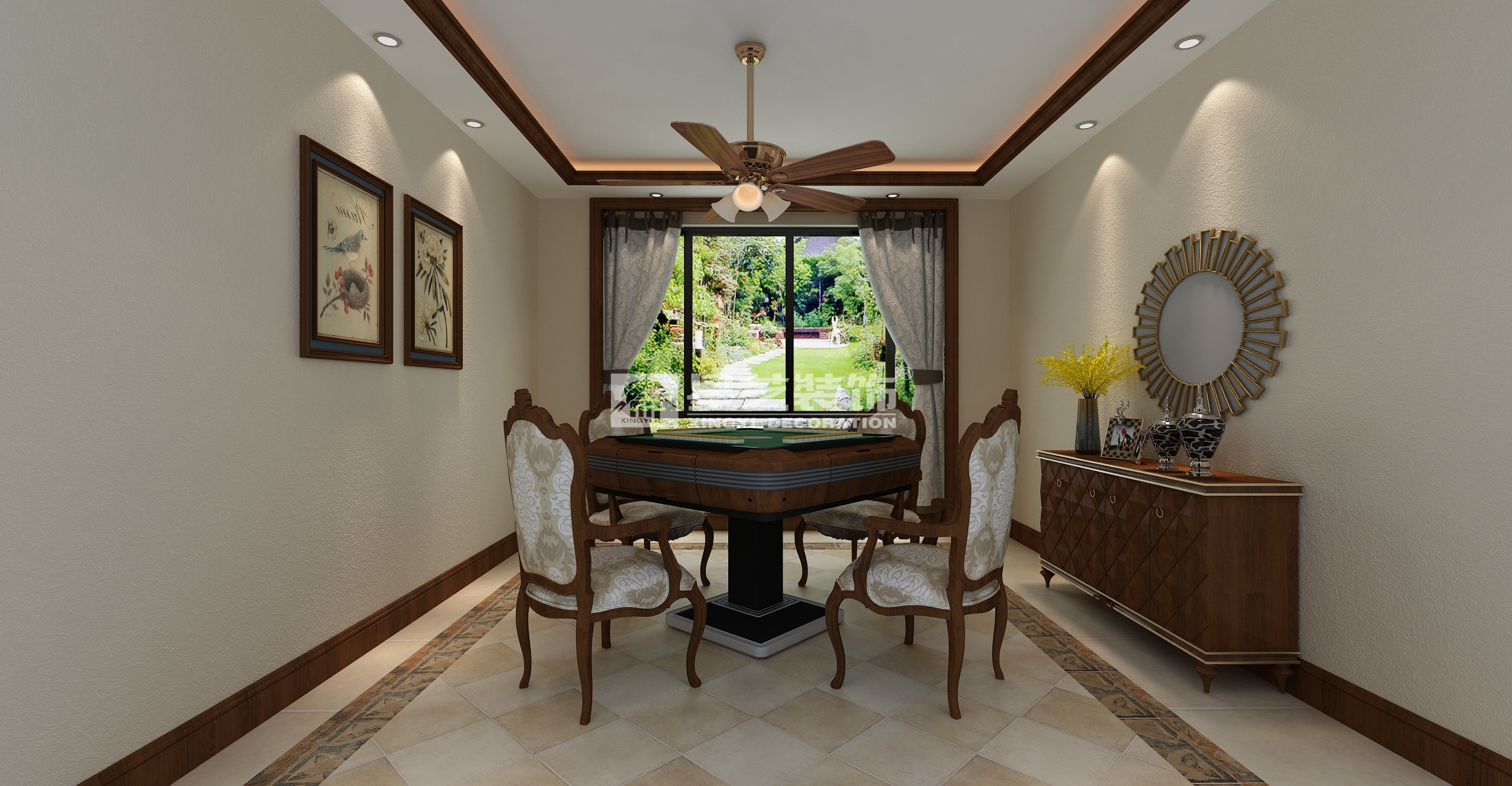 高端大气的吊顶和同色系的麻将桌,带有美式建筑的复古氛围;墙上的装饰